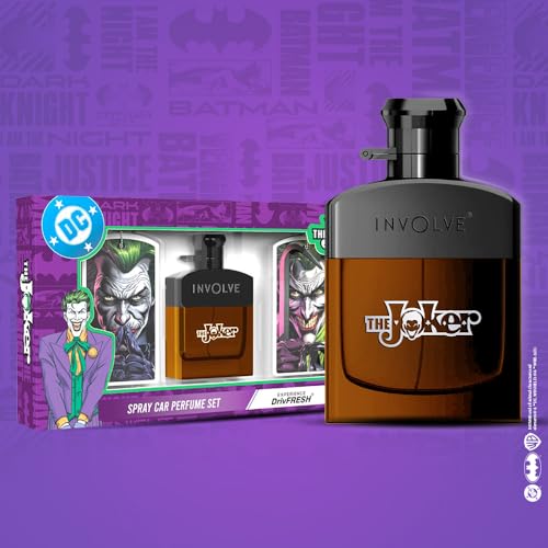 Image of Involve Your Senses - The Joker Car Perfume Spray with 3 Hanging Cards | DC OFFICIAL MERCHANDISE from Warner Bros | Freshen Up Your Car with Strong Aquatic Notes - WBSPRO2-50ml | Car Air Freshener