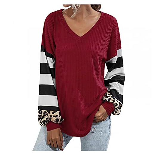 Briskorry V-ringad tröja dam randig leopard tryck stickad enfärgad sweatshirt ledig vinter stickad tröja elegant varm tröja ledig lös tunika skjorta långärmad kläder, Wine5, XXL