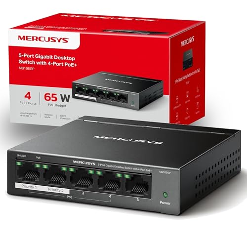 MERCUSYS MS105GP 5 Port Gigabit PoE+ Switch 802.3af/at 30W 65W Total Budget Metal Case 250m PoE Transmission Desktop/Wall Mount Silent Operation Isolation Mode Plug & Play