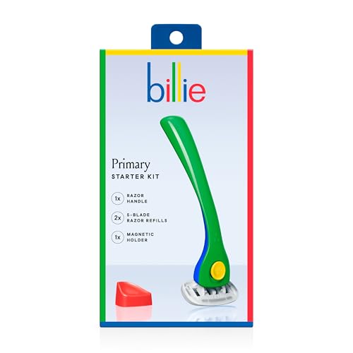 Image of Billie Razors for Women, Primary - 1 Handle, 2 Refills & Magnetic Holder | 5 blade womens razors for sensitive skin, Surrounded by aloe shave soap, Ergonomic handle, Pivoting head, Magnetic Holder