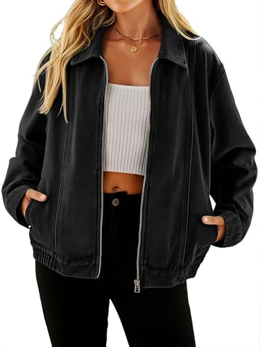 Glamaker Womens Denim Jacket Zip Up Spring Fall Casual Jean Jacket Relaxed Fit Classic Denim Coat (Black M)