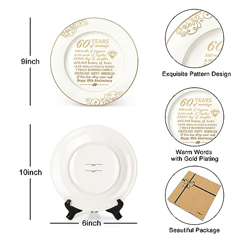 Urllinz 60th Anniversaty Plate with 24k Gold Foil-60th Anniversary Wedding Gifts for Parents Couple,60th Anniversary Decorations,60 Year Diamond Gifts for Grandparents,Ceramic,with Stand 9"