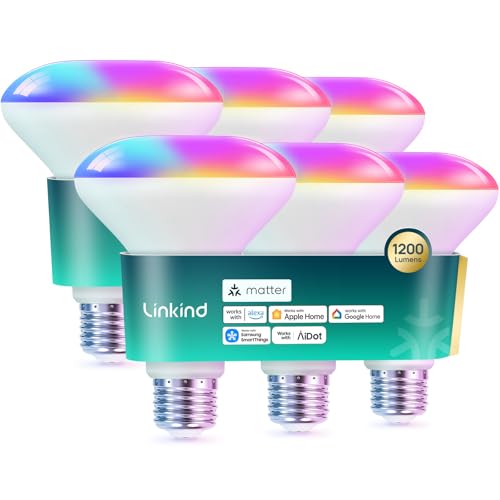 Image of Linkind Matter Smart Light Bulb,1200LM BR30 Smart Flood Light Bulbs Compatible with Alexa, Apple Home, Google Home, RGBTW Recessed Color Changing Bulbs E26, 2.4GHz Only WiFi Light Bulbs LED, 6 Pack