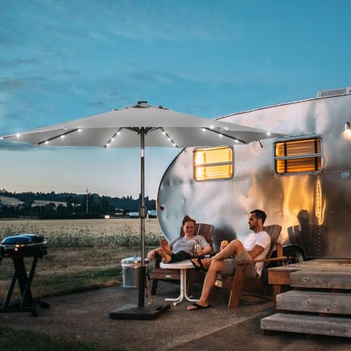 Image of Blissun 9 ft Solar Umbrella, Patio Umbrella with 32 LED Lights, Table Market Umbrella, Outdoor Umbrella for Garden, Deck, Backyard (Light Grey)