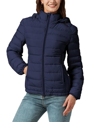 YZG Women's Down Jacket Lightweight Packable Detachable Hooded Waterproof Puffer Jacket Navy Blue L
