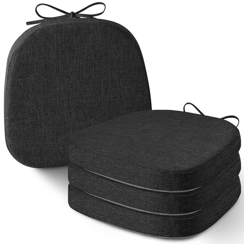 Image of AddGrace Set of 4 Chair Cushions for Metal Dining Chairs 14x14 Black | Non Slip,Washable Removable Cover with Ties, Textured, for Kitchen Dining Room Indoor, Hard Wooden Chairs, Family Gathering