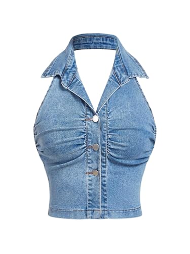 Milumia Women's Ruched Button Front Denim Halter Top Sleeveless Collar Neck Summer Crop Tops