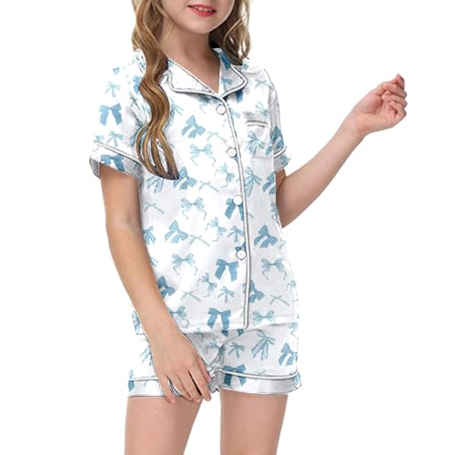 Pink Puff 2 Piece Outfits for Girls Bow Printed Pajam𝙖 Set Silk Lapel Button Down Short Sets Cute Preppy Clothing Sets 2-13Y2