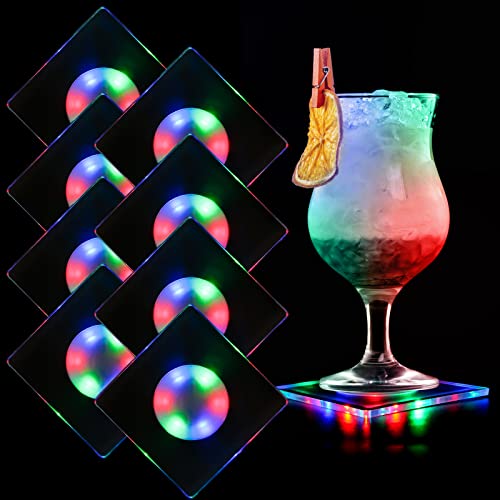 MEDOYOH 8er-Set Quadratisch Bunt LED Untersetzer für Getränke, ON/Off Taste Getränke Untersetzer Set, Wasserdicht Acryl Untersetzer Leuchtende für Gläser Flaschen Partys Hochzeiten Bar Weihnachten Cover