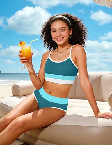 Image of Girls Bathing Suit Color-Block Adjustable Straps Bikini Sets Girls Two Piece Swimsuits with Chest Pad Swimwear 7-18T