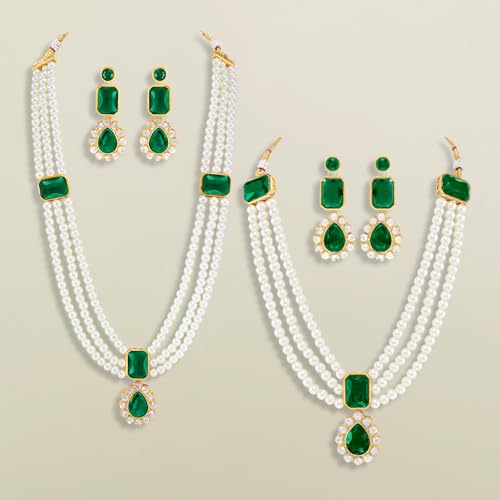 Image of Peora Crystal Faux Pearl Kundan Necklace & Jewellery Set Gift for Women