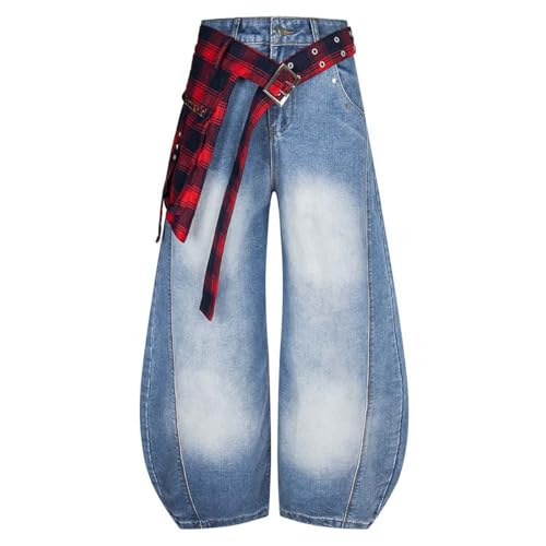 Barrel Jeans for Women & Men - High Waisted Wide Leg Baggy Pants, Curved Hem with Belt & Rivet Details, Y2K Pants