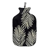 Fashy Wärmflasche mit Palmblättern, bestickt, Fleece, 67369 20, Schwarz, 2,0 L