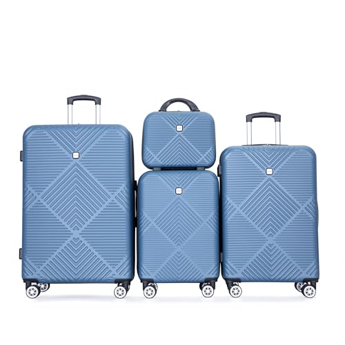 4-Piece Lightweight ABS Luggage Set with 14-Inch Makeup Case - Durable Travel Suitcases with 360° Wheels in Blue