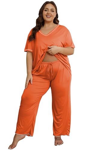 Image of Vozanet Women's Plus Size Pajama Sets Short Sleeve Long Pants Solid Color with Piping Trim Elegant Loungewear Cozy Sleepwear