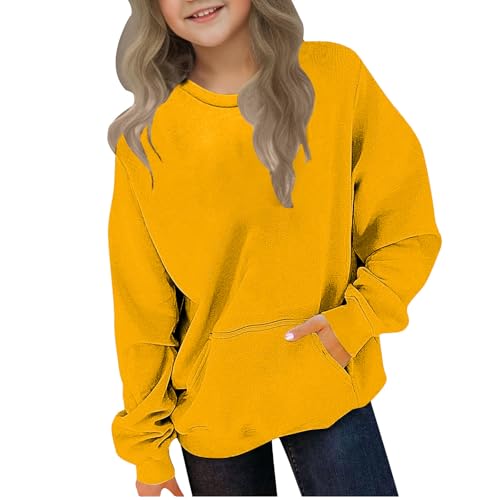 DDAPJ pyju Girls Long Sleeve Sweatshirts with Pocket Kids Casual Crewneck Pullover Loose Fit Workout Basic Tops 2-12 Years