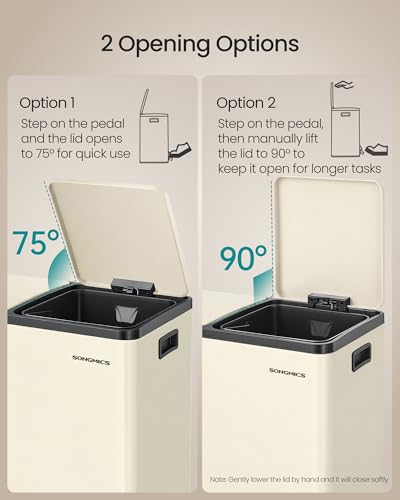 Image of SONGMICS Trash Can, Double Compartment Garbage Can, Stainless Steel | 2 X 8 Gallon (2 x 30 L) for Recycling, with 15 Liner Bags, Soft-Close Lids, Removable Buckets, Almond ULTB160AZ01