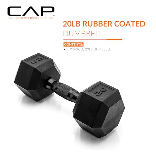 Image of CAP Rubber Coated Dumbbell Weights, Free Weights for Home Gym Strength Training, Anti-Roll Hex Dumbbells with Black, Chrome & Comfort Grip Handles, Singles