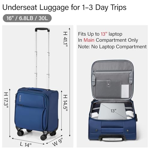 Image of Hanke Softside Expandable Luggage 16 /20 /24 /28 Inch Carry On Luggage for Travel Checked Luggage Suitcases with Wheels & TSA Luggage Large Suitcase, Blue, 16-Inch Underseat, Underseat Carry on Luggage