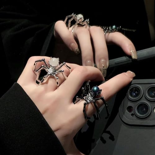 Wendalern Gothic Spider Rings Halloween Black Silver Spider Statement Rings Adjustable Opal Spider Open Band Rings Jewel Rings Costume Party Gifts for Women and Girls