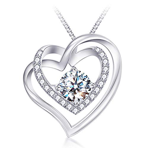 Heart Necklace - 14K White Gold Plated Sterling Silver Heart Pendant Necklace - Intertwined Heart Necklace - 5A Cubic Zirconia Gift Jewelry Necklaces for Women