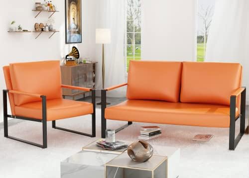 AWQM Mid-Century Retro Modern Living Room Sofa Set with Loveseat and Accent Chair, Faux Leather Loveseat Sofa and Armchair Sofa Chair for Small Space, Office, 105 Degree Slant Back, Orange