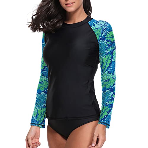 Women's Long Sleeve Rash Guard Shirts Upf 50+ Sun Protection Shirts For Swim Hiking Workout Blue Leaf #TOP1