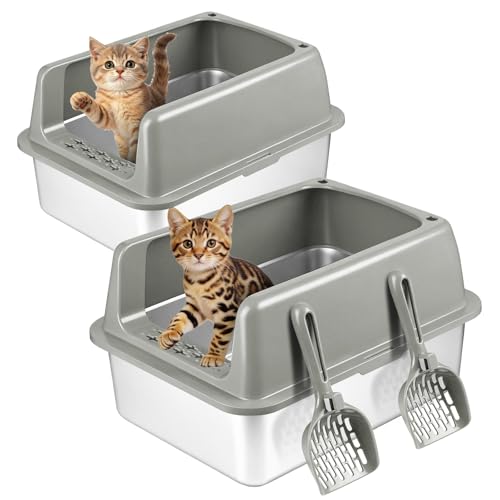 Kirecoo 2 Pack Stainless Steel Litter Box with Lid Medium Enclosed Metal Cat Litter Box Pan High Sided Easy Clean Anti-Leakage Litterbox Tray for Cats Kittens or Multicat Bunny Scoop Included