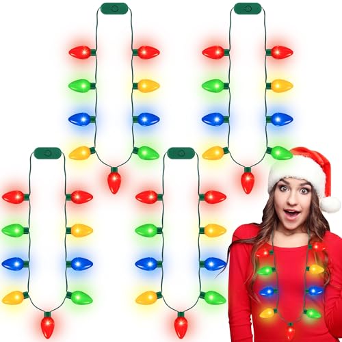 QZYL 4pcs Light Up Christmas Necklace Colorful Christmas Accessories for Women 9 LED Bulbs Necklaces with 3 Flash Modes Suitable for Xmas New Year Party Favor Supplies Accessories