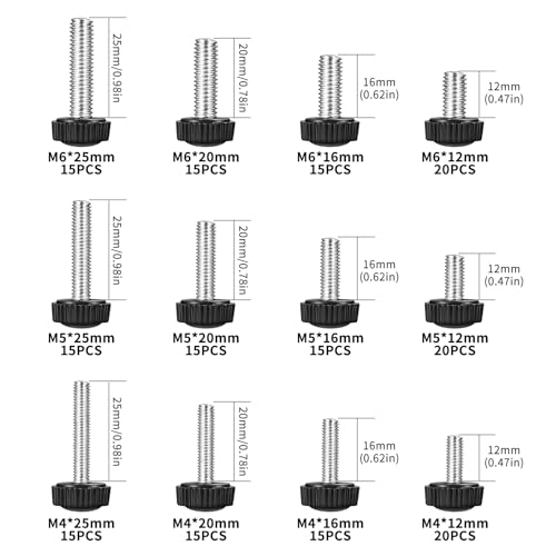 195 Stück Rändelschrauben Set, M4 M5 M6 Rändelschraube mit Gewinde Befestigungsschraube, Griffknöpfe, Rundkopf Rändelschrauben, Klemmschrauben, Griffschrauben für Maschinen