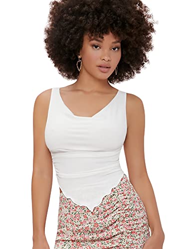 SheIn Women s Draped Cowl Neck Tank Top Sleeveless Frill Trim Asymmetrical Hem Camisole White Medium