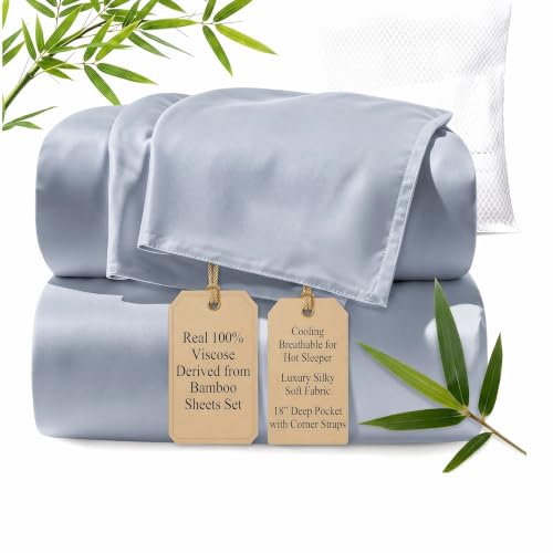 Image of TWK Real 100% Viscose Derived from Bamboo Sheets Set California King Size, Cooling & Silky Soft for Hot Sleeper, Breathable & Moisture Wicking Fabric, 18 inch Deep Pocket with Corner Straps