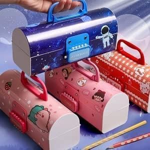 Image of WORSHIPER New Cartoon Theme Pencil Box with Push Pull Eraser Set for Kids | Suitcase Style Password Lock Stationery Organizer | School Supplies Gift Combo for Boys & Girls (Red Bear + Eraser)
