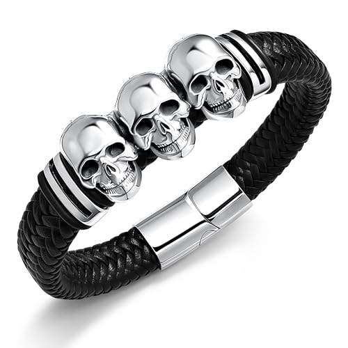 Oaldilee Gothic Skull Braided Leather Cuff Bracelets for Men Women 316L Stainless Steel Punk Skeleton Head woven Leather Bracelet Party Accessories for Rapper Motorcycle Biker9 Inches