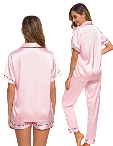 SWOMOG Womens Satin Pyjama Sets Ladies Silk Nightwear 3 Piece Short Sleeve Pj Set Button Down Sleepwear Set Loungewear - Image 6