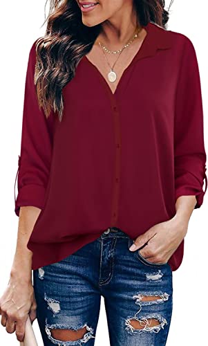 Owbb Damen Bluse V-Ausschnitt 3/4 Ärmel Anti-Falten Hemd Elegant Langarm Casual Arbeit Tops Langarmshirt Oberteile Cover