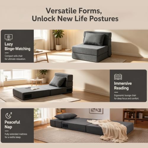 Image of Folding Sofa Bed | Convertible Sleeper Chair Bed for Adults, Fold Out Chair to Bed Linen Futon Chair with Pillow, for Home Dorm Apartment RV Living Room, Single Size Dark Gray