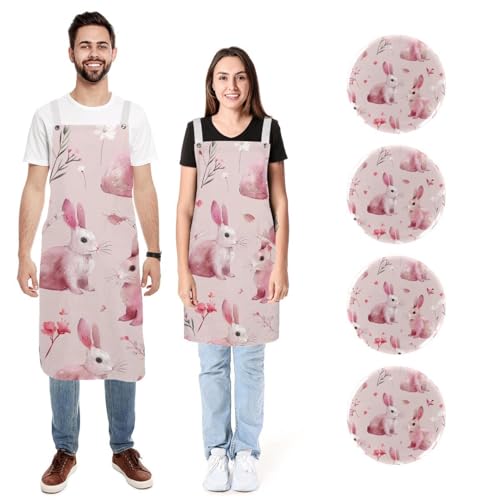 Tablier de cuisine réglable et imperméable avec poches lot de 2 taille M et L motif lapin rose