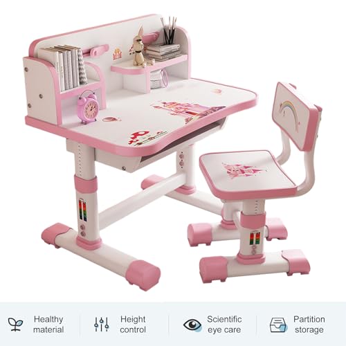 Kids Desk and Chair Set, Height Adjustable Children Study Desk, Golden Distance Preventing Myopia Design, Children Study Desk with Spacious Storage Drawer for Boys Girls Home Study Tool (Pink-B)