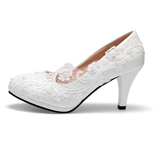 Bridal Wedding Shoes Closed Toe Dress Pumps Stiletto Heel with Stitching Lace2