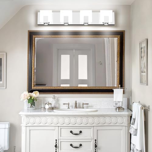 Image of SOLFART Bathroom Vanity Light Chrome Stainless Steel Acrylic LED Bathroom Light Fixtures Over Mirror 4 Lights ND