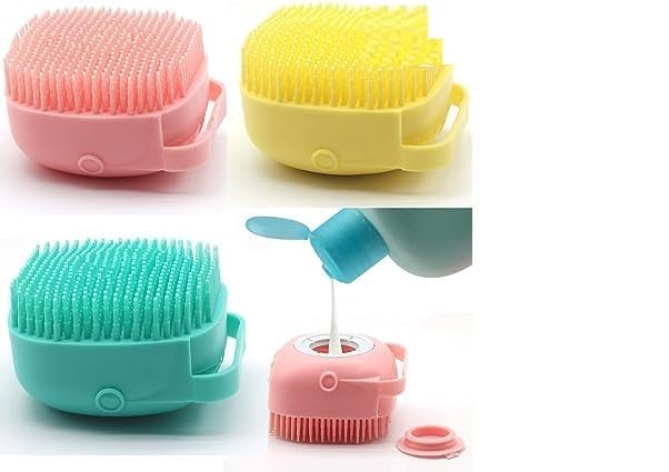 Foodies Budy Body Scrubber with Soap Dispenser for Shower, 3 Pack Silicone Exfoliating Brushes, Bath Loofah for Pets, Multicolor (Pack of 3)