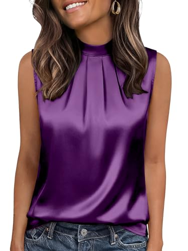 Image of Funlingo Women's Silk Satin Tank Tops Mock Neck Camisole Dressy Sleeveless Blouse Business Casual Pleated Summer Shirts 2026