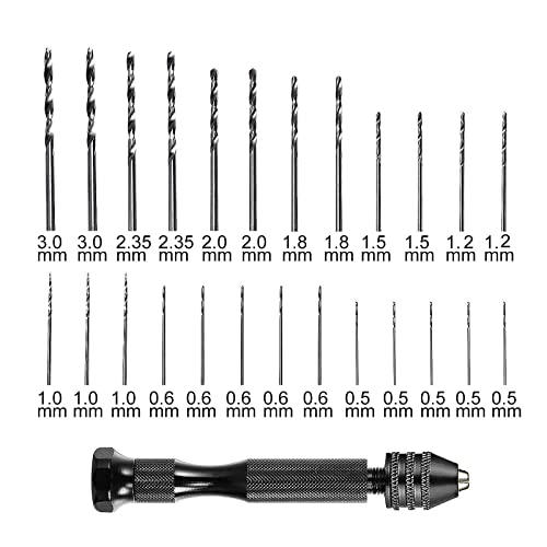 LANIAKEA Micro Mini Pin Vise Twist Hand Drill, 25pcs Adjustable Chuck with Precision HSS Micro Woodworking Twist Drill Bits Set, Black, 90 mm