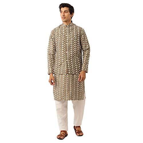 Image of SOJANYA (Since 1958 Men's Silk Blend Light Green Kurta & Nehrujacket with White Pyjama Combo