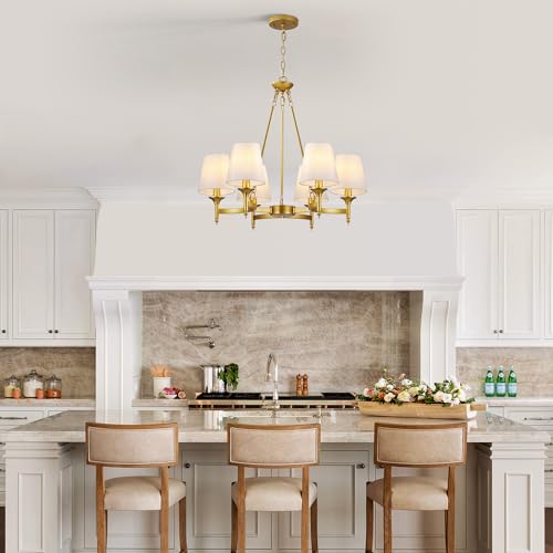 Gold Chandelier with White Shades, 6-Light Modern Farmhouse Chandeliers for Dining Room, Rustic Round Hanging Light Fixture for Kitchen Island Bedroom Office Living Room Entryway