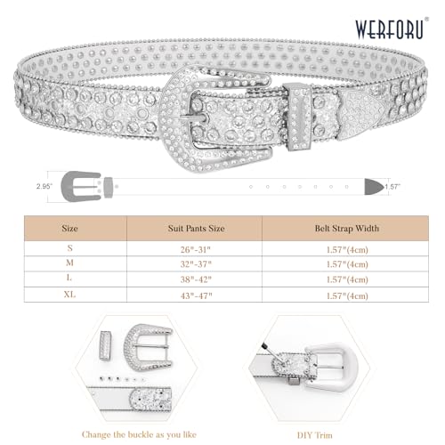 Image of WERFORU Women Men Western Rhinestone Studded Leather Belt Unisex Bling Cowgirl Cowboy Waist Belt for Jeans Pants Dress