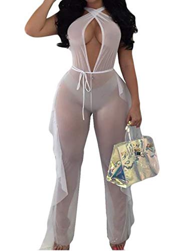 Women See Through Sheer Mesh Bandage Two Piece Bikini Cover Up Hoodie Crop Tops and Ruffle Legging Pants (White, M)