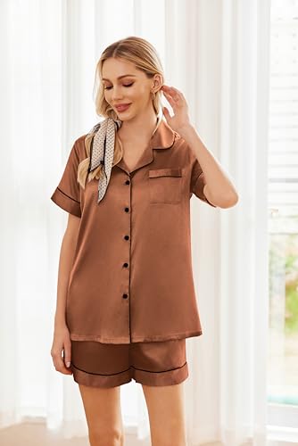 Image of Ekouaer Womens Silk Satin Pajama Sets Soft Short Sleeve Button Down Sleepwear Top and Shorts 2 Piece Pjs Lounge Set