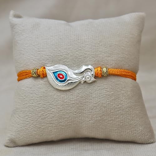 Image of 925 Sterling Silver Rakhi with Peacock Design for Brother, Handmade Orange Thread Rakhi for Raksha Bandhan Gift